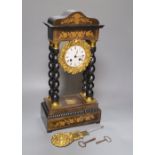 A 19th century French marquetry and ebonised Portico clock, Japy Freres movement, count-wheel