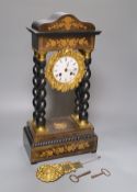 A 19th century French marquetry and ebonised Portico clock, Japy Freres movement, count-wheel