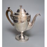 A 19th century Sheffield plate pedestal coffee pot, with engraved and personalised silver border,