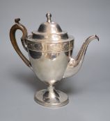 A 19th century Sheffield plate pedestal coffee pot, with engraved and personalised silver border,