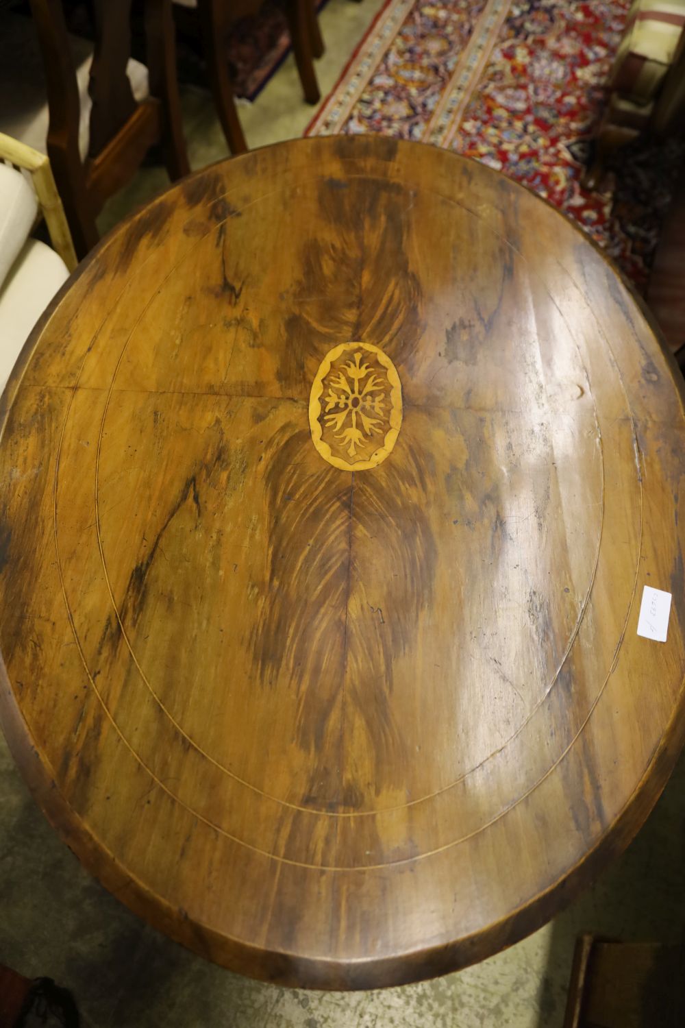 A Victorian inlaid walnut oval topped tea table, width 104cm, depth 72cm, height 71cm, no bolts - Image 2 of 2