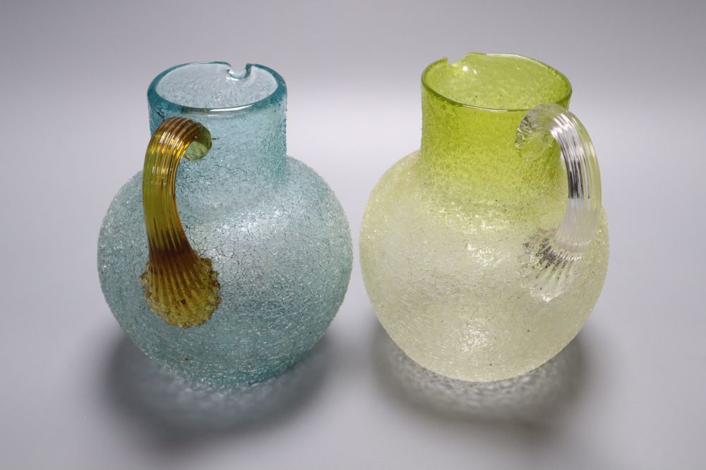 Two Victorian crackle glass jugs, late 19th century, one in turquoise glass with applied amber - Image 2 of 4