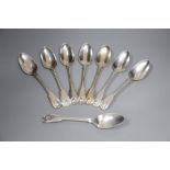 A set of eight George IV silver double struck, fiddle, thread and shell pattern table spoons,
