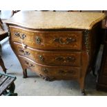 A Louis XVI style marble top bombe commode, width 120cm depth 43cm height 94cm