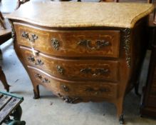 A Louis XVI style marble top bombe commode, width 120cm depth 43cm height 94cm