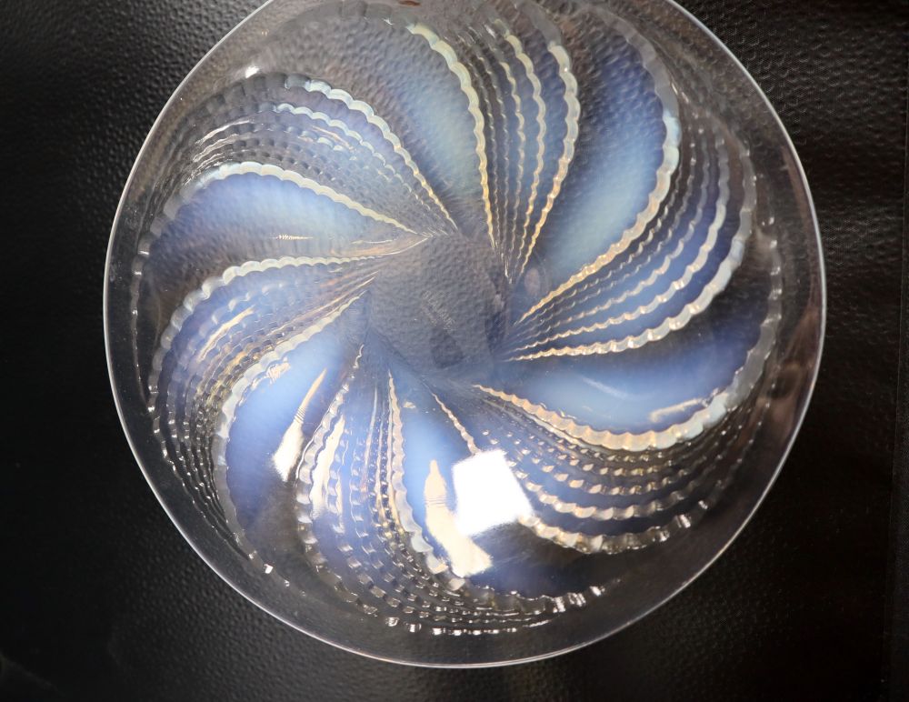 A Lalique 'Fleurons' pattern opalescent shallow bowl, stencilled 'R Lalique France' to base,