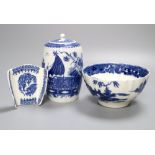 A Caughley Fisherman pattern tea caddy and asparagus holder and a Pagoda pattern sugar bowl, c.