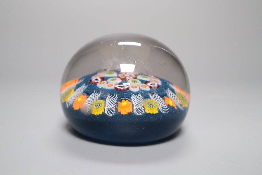 A large Scottish millefiori glass paperweight, with latticino divisions, on a blue ground, 8cm - Image 2 of 2