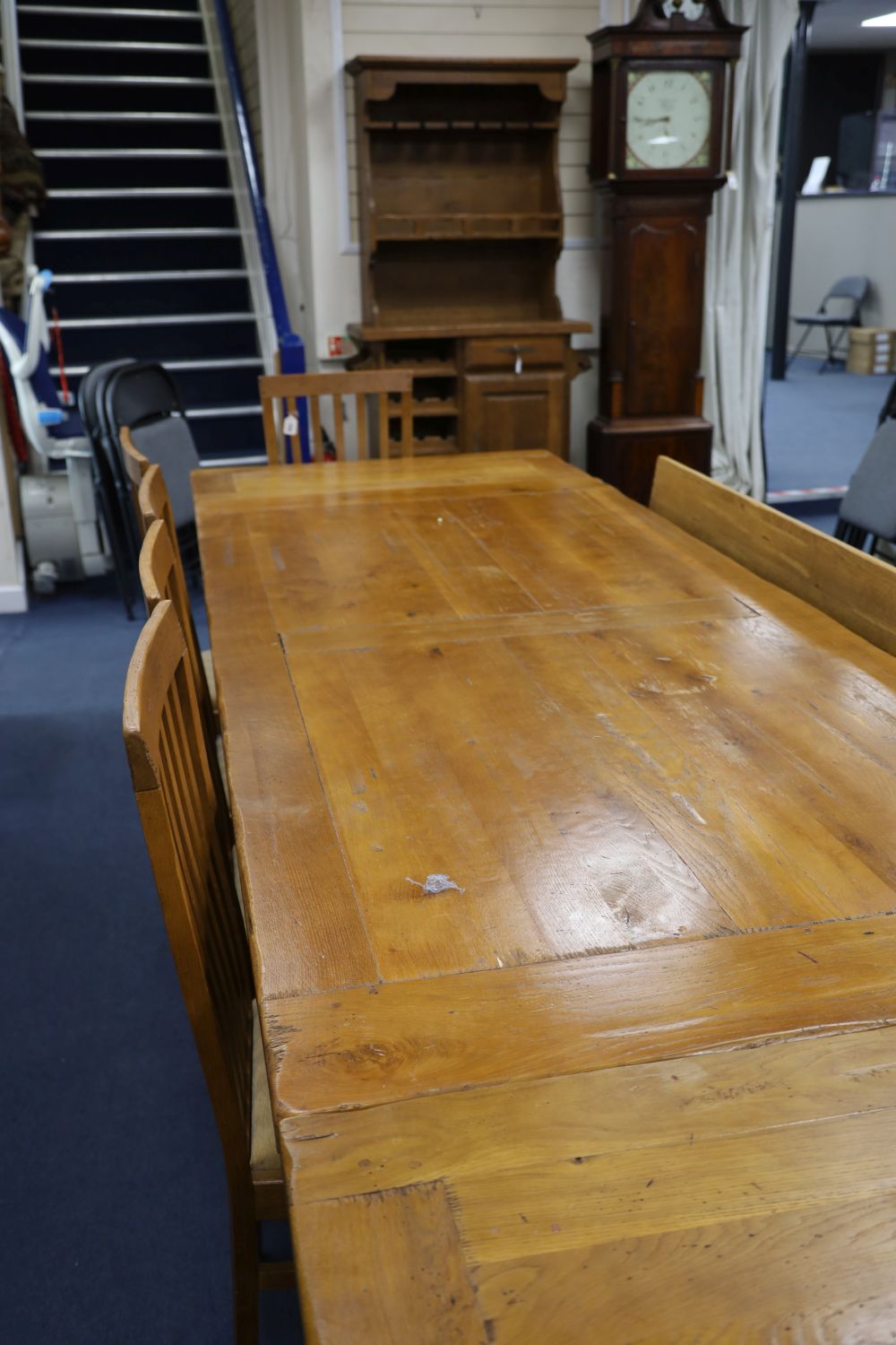 A French provincial dining suite, comprising a draw leaf table, six chairs, a bench, a sideboard and - Image 2 of 7