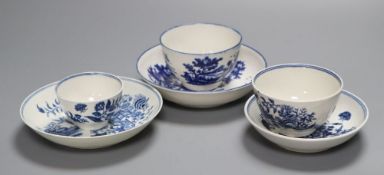 Three Worcester blue and white teabowls and saucers, c. 1770-85, in European Landscape, Three