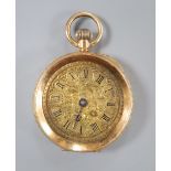 An early 20th century engraved 14k open face fob watch, with yellow Roman dial, case diameter