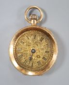 An early 20th century engraved 14k open face fob watch, with yellow Roman dial, case diameter