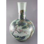 A large Chinese celadon ground famille rose 'prunus and pine' bottle vase, Qianlong mark to the