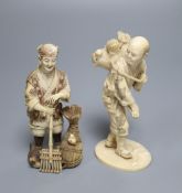 A Japanese ivory okimono of a huntsman with a bound up bear, Meiji period, and a chicken farmer,
