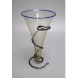 A historismus Viking style glass drinking vessel, c.2000, with wrought iron 'snake' stand, 21.5cm