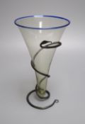 A historismus Viking style glass drinking vessel, c.2000, with wrought iron 'snake' stand, 21.5cm