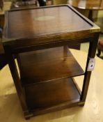 A military style mahogany and brass bound three tier table lamp table, width 40cm depth 56cm