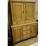 A Victorian pine sideboard with associated cupboard upper section, width 130cm depth 51cm height