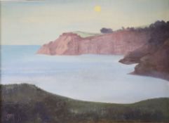 Stella Marsden (b.1921), oil on canvas, Still bay with rising moon, label verso, 40 x 55cm