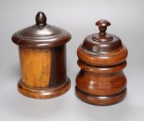 A 19th century lignum vitae string box, 18cm, and a similar tobacco? jar and cover