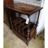 A late Victorian inlaid burr walnut Canterbury / whatnot, width 62cm, depth 40cm, height 90cm