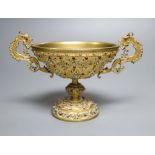 A 19th century Continental cast and engraved ormolu oval tazza, with cold-painted detail and applied