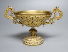 A 19th century Continental cast and engraved ormolu oval tazza, with cold-painted detail and applied