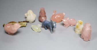 A Chinese white russet jade group of Budai and a lion dog, 5.2cm and various hardstone