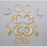 A pair of 9ct gold Greek Key pattern half-hoop earrings and five other pairs of 9ct gold earrings,