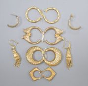 A pair of 9ct gold Greek Key pattern half-hoop earrings and five other pairs of 9ct gold earrings,