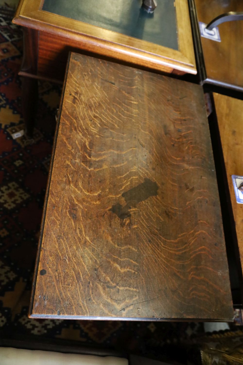 A George III oak low boy, with one long and two short drawers, with brass drop handles, on square - Image 3 of 4