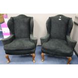 A pair of Queen Anne style upholstered wing armchairs, width 88cm depth 72cm height 108cm