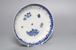 An English porcelain blue and white saucer dish, possibly Plymouth, c.1770, unmarked, diameter 20cm