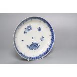 An English porcelain blue and white saucer dish, possibly Plymouth, c.1770, unmarked, diameter 20cm