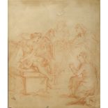 Old Master, sanguine chalk on buff coloured paper, Angel emerging from a tomb with onlooking