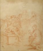 Old Master, sanguine chalk on buff coloured paper, Angel emerging from a tomb with onlooking