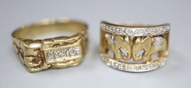 A 9ct two-colour gold and diamond chip set pierced 'elephant' ring, size L and a 9ct gold