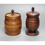 A late Georgian turned mahogany or padouk jar and cover and a Victorian turned olivewood barrel