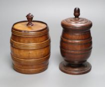 A late Georgian turned mahogany or padouk jar and cover and a Victorian turned olivewood barrel