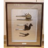 A framed display of three Betel nut cutters from India and Sri Lanka, framed 50 x 40cm