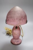 A French mottled glass mushroom lamp, signed Lorrain, overall height 28cm