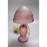 A French mottled glass mushroom lamp, signed Lorrain, overall height 28cm