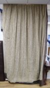 1970's hessian fabric and brown leather curtains, with paisley fabric trimmed edges, drop