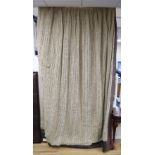 1970's hessian fabric and brown leather curtains, with paisley fabric trimmed edges, drop