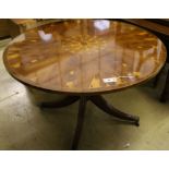 A reproduction oyster veneered and yew wood circular breakfast table, diameter 114cm height 74cm