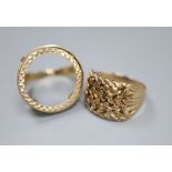 A 9ct gold gentleman's pierced and textured ring and a similar sovereign ring (with vacant mount),