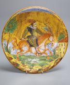 A 19th century Montelupo-style maiolica pottery charger, polychrome-decorated with an equestrian