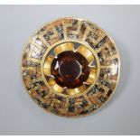 A Victorian yellow metal, citrine and Scottish hardstone set circular brooch, 48mm, gross 32.6