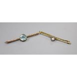An early 20th century yellow metal, cultured pearl and diamond cluster set bar brooch, 56mm and a