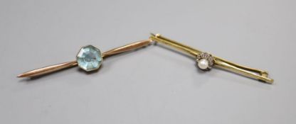 An early 20th century yellow metal, cultured pearl and diamond cluster set bar brooch, 56mm and a